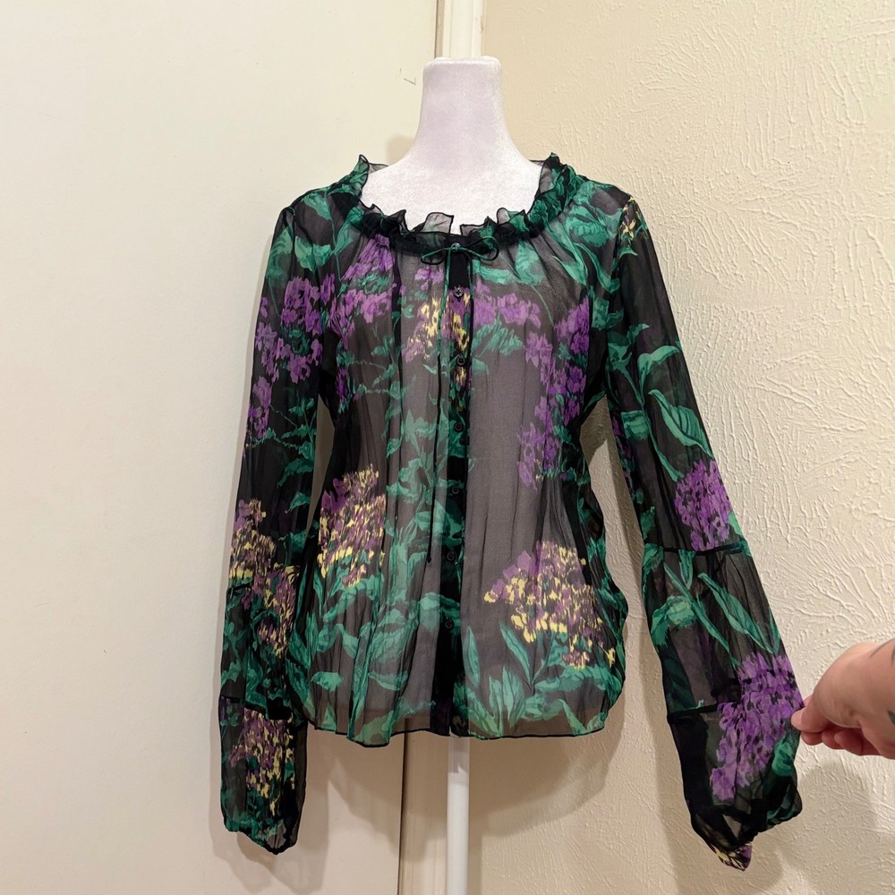 Elie Tahari Black Floral Silk Chiffon Ruffle Neck Sheer Long Sleeve Blouse M